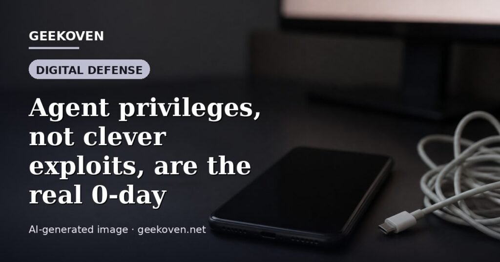 Illustration for the Digital Defense article “Agent privileges, not clever exploits, are the real 0-day”: an AI-generated editorial illustration showing a scene illustrating the subject of the article, with the headline set over it. Illustrative only, not a photograph of a real event.