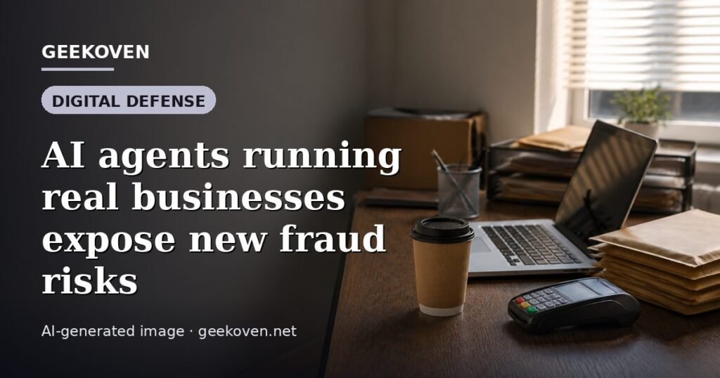 Illustration for the Digital Defense article “AI agents running real businesses expose new fraud risks”: an AI-generated editorial illustration showing a scene illustrating the subject of the article, with the headline set over it. Illustrative only, not a photograph of a real event.
