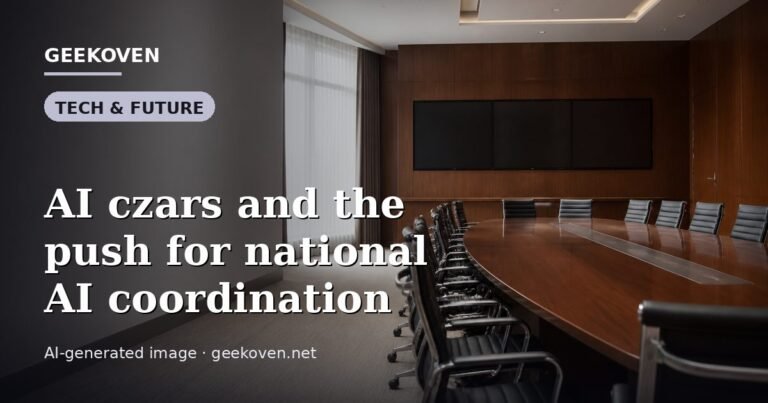Illustration for the Tech & Future article “AI czars and the push for national AI coordination”: an AI-generated editorial illustration showing a scene illustrating the subject of the article, with the headline set over it. Illustrative only, not a photograph of a real event.