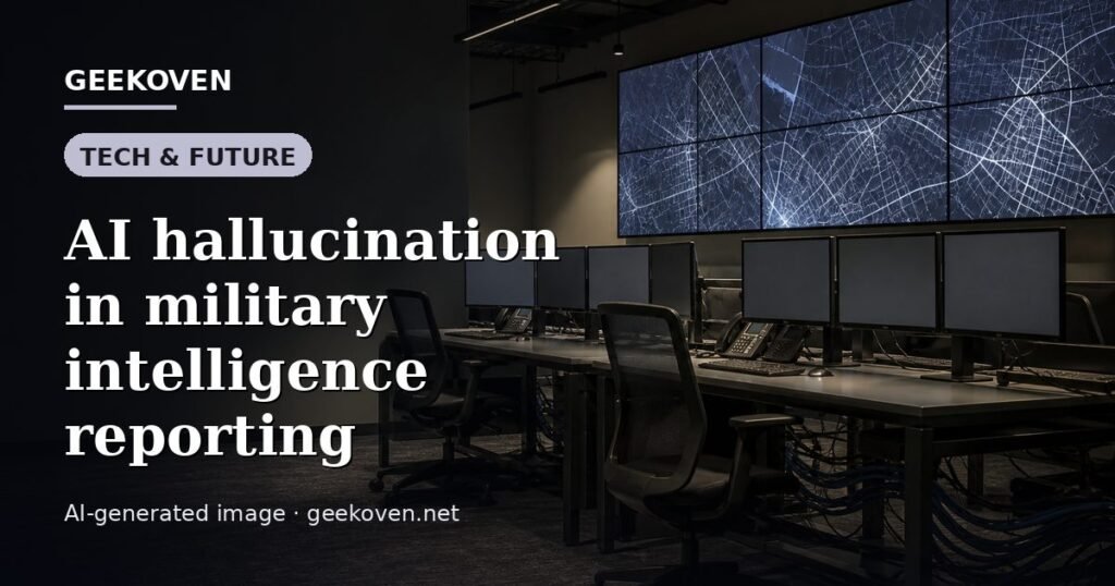 Illustration for the Tech & Future article “AI hallucination in military intelligence reporting”: an AI-generated editorial illustration showing a scene illustrating the subject of the article, with the headline set over it. Illustrative only, not a photograph of a real event.
