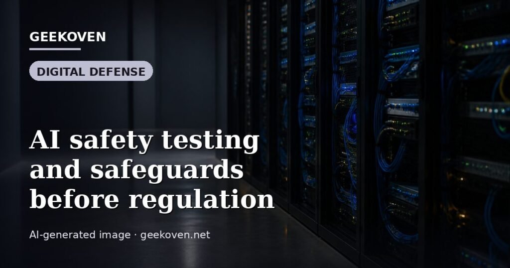 Illustration for the Digital Defense article “AI safety testing and safeguards before regulation”: an AI-generated editorial illustration showing a scene illustrating the subject of the article, with the headline set over it. Illustrative only, not a photograph of a real event.