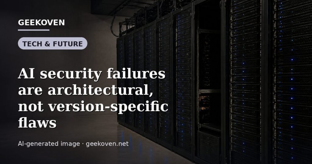 Illustration for the Tech & Future article “AI security failures are architectural, not version-specific flaws”: an AI-generated editorial illustration showing a scene illustrating the subject of the article, with the headline set over it. Illustrative only, not a photograph of a real event.