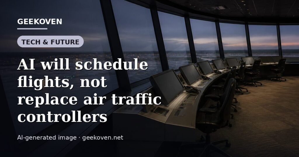 Illustration for the Tech & Future article “AI will schedule flights, not replace air traffic controllers”: an AI-generated editorial illustration showing a scene illustrating the subject of the article, with the headline set over it. Illustrative only, not a photograph of a real event.