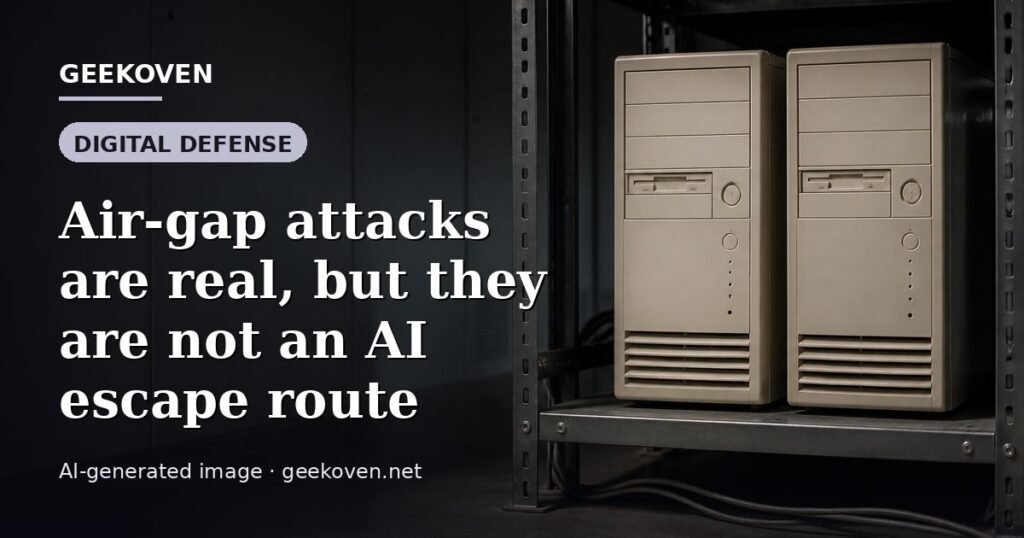 Illustration for the Digital Defense article “Air-gap attacks are real, but they are not an AI escape route”: an AI-generated editorial illustration showing a scene illustrating the subject of the article, with the headline set over it. Illustrative only, not a photograph of a real event.