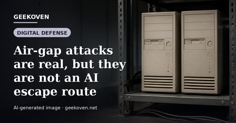 Illustration for the Digital Defense article “Air-gap attacks are real, but they are not an AI escape route”: an AI-generated editorial illustration showing a scene illustrating the subject of the article, with the headline set over it. Illustrative only, not a photograph of a real event.