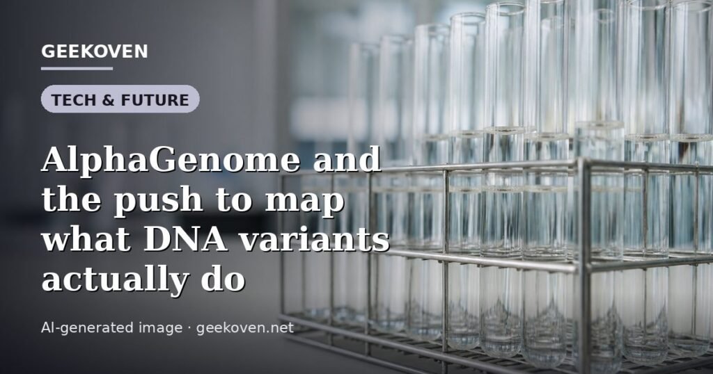 Illustration for the Tech & Future article “AlphaGenome and the push to map what DNA variants actually do”: an AI-generated editorial illustration showing a scene illustrating the subject of the article, with the headline set over it. Illustrative only, not a photograph of a real event.