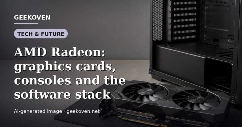 Illustration for the Tech & Future article “AMD Radeon: graphics cards, consoles and the software stack”: an AI-generated editorial illustration showing a scene illustrating the subject of the article, with the headline set over it. Illustrative only, not a photograph of a real event.