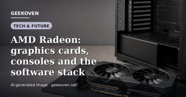 Illustration for the Tech & Future article “AMD Radeon: graphics cards, consoles and the software stack”: an AI-generated editorial illustration showing a scene illustrating the subject of the article, with the headline set over it. Illustrative only, not a photograph of a real event.