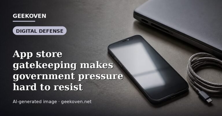 Illustration for the Digital Defense article “App store gatekeeping makes government pressure hard to resist”: an AI-generated editorial illustration showing a scene illustrating the subject of the article, with the headline set over it. Illustrative only, not a photograph of a real event.