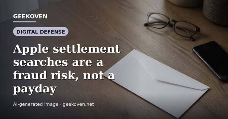 Illustration for the Digital Defense article “Apple settlement searches are a fraud risk, not a payday”: an AI-generated editorial illustration showing a scene illustrating the subject of the article, with the headline set over it. Illustrative only, not a photograph of a real event.