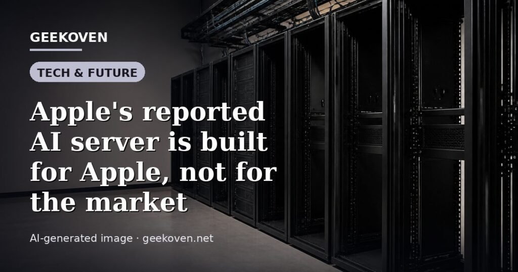 Illustration for the Tech & Future article “Apple's reported AI server is built for Apple, not for the market”: an AI-generated editorial illustration showing a server hall with long rows of equipment cabinets and power infrastructure, with the headline set over it. Illustrative only, not a photograph of a real event.