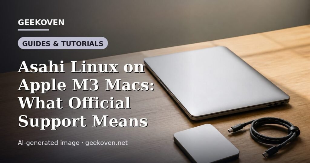 Illustration for the Guides & Tutorials article “Asahi Linux on Apple M3 Macs: What Official Support Means”: an AI-generated editorial illustration showing a scene illustrating the subject of the article, with the headline set over it. Illustrative only, not a photograph of a real event.
