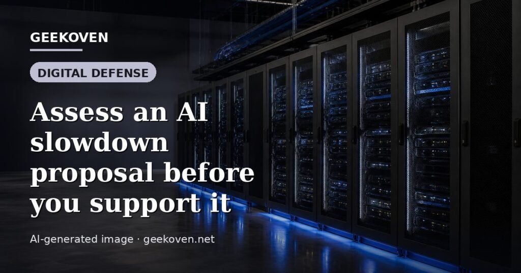 Illustration for the Digital Defense article “Assess an AI slowdown proposal before you support it”: an AI-generated editorial illustration showing a scene illustrating the subject of the article, with the headline set over it. Illustrative only, not a photograph of a real event.