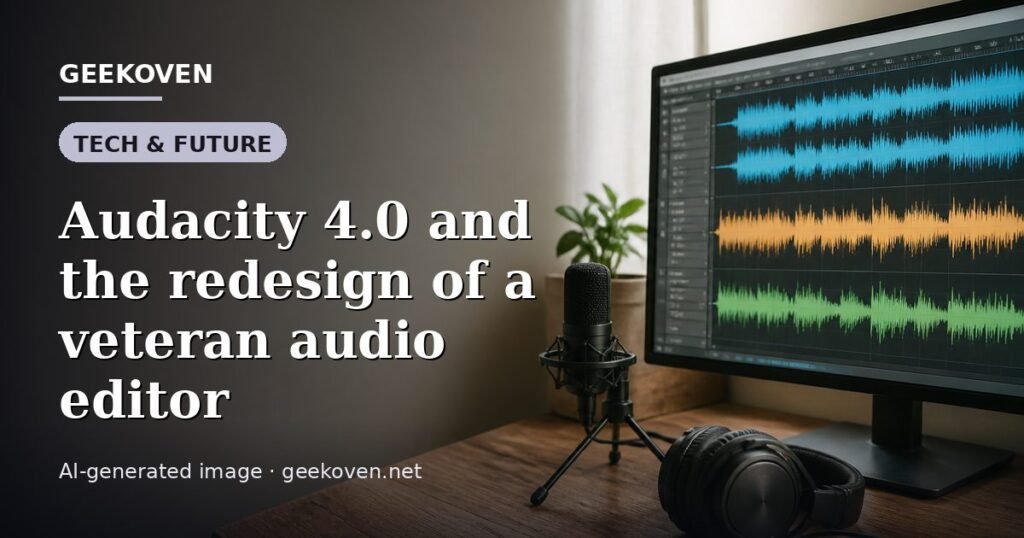 Illustration for the Tech & Future article “Audacity 4.0 and the redesign of a veteran audio editor”: an AI-generated editorial illustration showing a scene illustrating the subject of the article, with the headline set over it. Illustrative only, not a photograph of a real event.