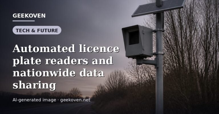 Illustration for the Tech & Future article “Automated licence plate readers and nationwide data sharing”: an AI-generated editorial illustration showing a scene illustrating the subject of the article, with the headline set over it. Illustrative only, not a photograph of a real event.