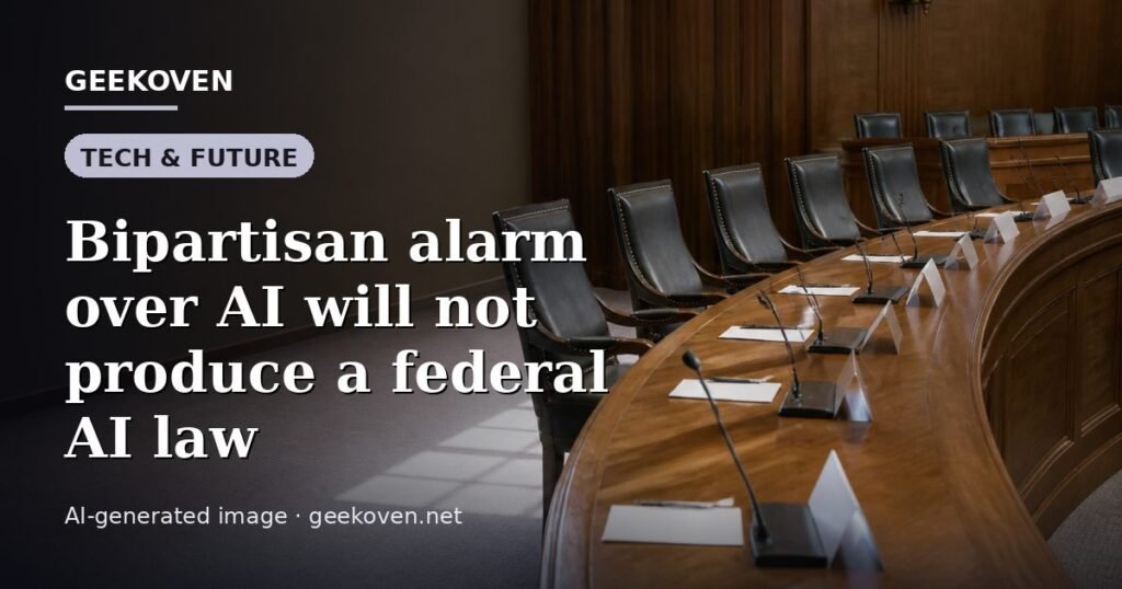 Illustration for the Tech & Future article “Bipartisan alarm over AI will not produce a federal AI law”: an AI-generated editorial illustration showing a scene illustrating the subject of the article, with the headline set over it. Illustrative only, not a photograph of a real event.