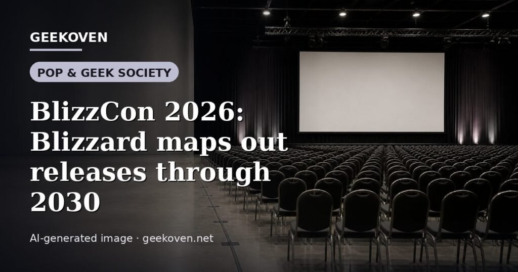 Illustration for the Pop & Geek Society article “BlizzCon 2026: Blizzard maps out releases through 2030”: an AI-generated editorial illustration showing a scene illustrating the subject of the article, with the headline set over it. Illustrative only, not a photograph of a real event.