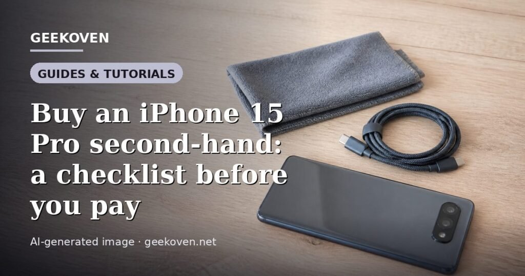 Illustration for the Guides & Tutorials article “Buy an iPhone 15 Pro second-hand: a checklist before you pay”: an AI-generated editorial illustration showing a scene illustrating the subject of the article, with the headline set over it. Illustrative only, not a photograph of a real event.