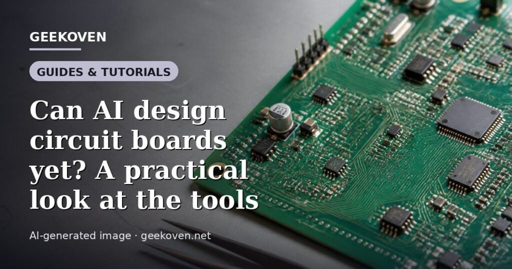 Illustration for the Guides & Tutorials article “Can AI design circuit boards yet? A practical look at the tools”: an AI-generated editorial illustration showing a scene illustrating the subject of the article, with the headline set over it. Illustrative only, not a photograph of a real event.
