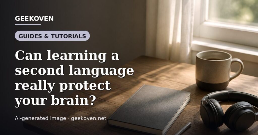 Illustration for the Guides & Tutorials article “Can learning a second language really protect your brain?”: an AI-generated editorial illustration showing a scene illustrating the subject of the article, with the headline set over it. Illustrative only, not a photograph of a real event.