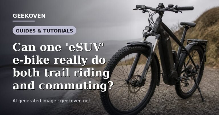 Illustration for the Guides & Tutorials article “Can one 'eSUV' e-bike really do both trail riding and commuting?”: an AI-generated editorial illustration showing a scene illustrating the subject of the article, with the headline set over it. Illustrative only, not a photograph of a real event.