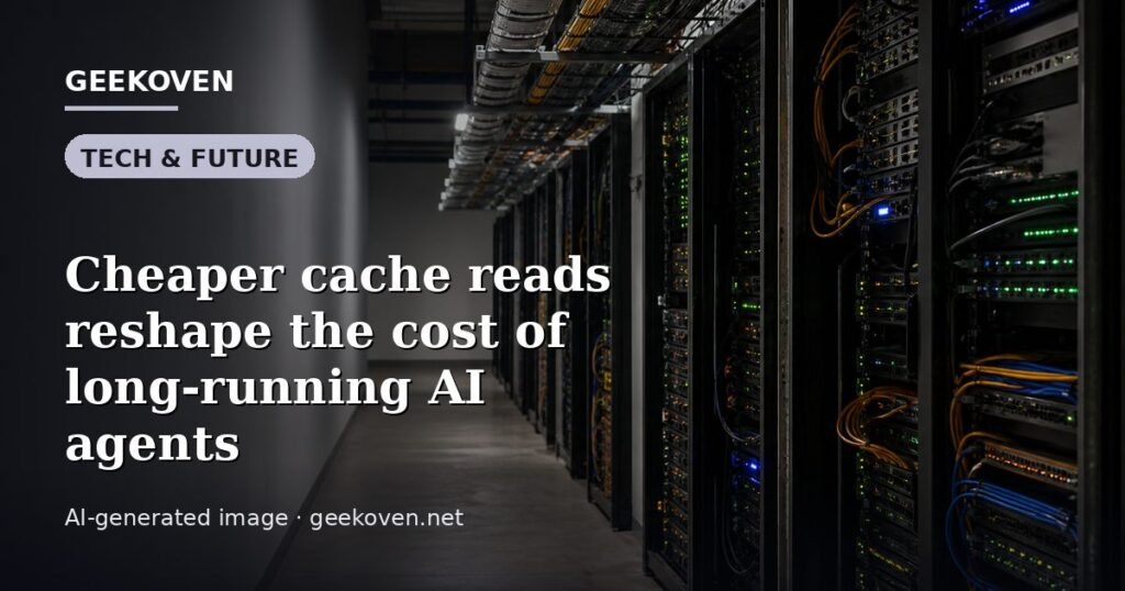 Illustration for the Tech & Future article “Cheaper cache reads reshape the cost of long-running AI agents”: an AI-generated editorial illustration showing a scene illustrating the subject of the article, with the headline set over it. Illustrative only, not a photograph of a real event.