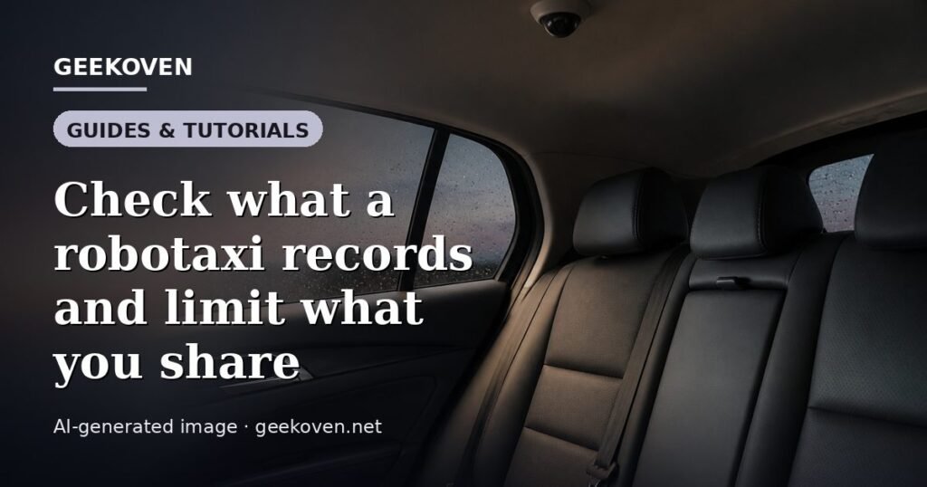 Illustration for the Guides & Tutorials article “Check what a robotaxi records and limit what you share”: an AI-generated editorial illustration showing a scene illustrating the subject of the article, with the headline set over it. Illustrative only, not a photograph of a real event.