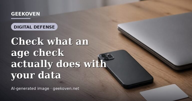 Illustration for the Digital Defense article “Check what an age check actually does with your data”: an AI-generated editorial illustration showing a scene illustrating the subject of the article, with the headline set over it. Illustrative only, not a photograph of a real event.