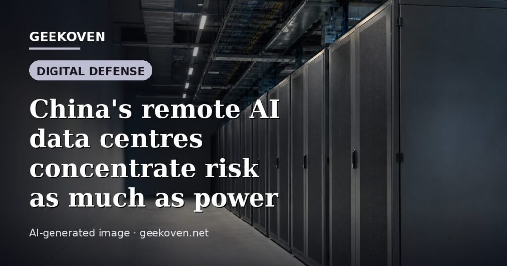 Illustration for the Digital Defense article “China's remote AI data centres concentrate risk as much as power”: an AI-generated editorial illustration showing a server hall with long rows of equipment cabinets and power infrastructure, with the headline set over it. Illustrative only, not a photograph of a real event.