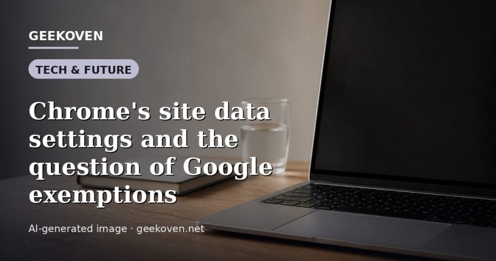 Illustration for the Tech & Future article “Chrome's site data settings and the question of Google exemptions”: an AI-generated editorial illustration showing a scene illustrating the subject of the article, with the headline set over it. Illustrative only, not a photograph of a real event.