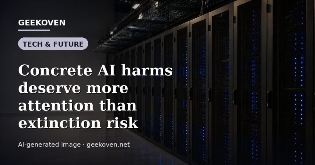 Illustration for the Tech & Future article “Concrete AI harms deserve more attention than extinction risk”: an AI-generated editorial illustration showing a scene illustrating the subject of the article, with the headline set over it. Illustrative only, not a photograph of a real event.