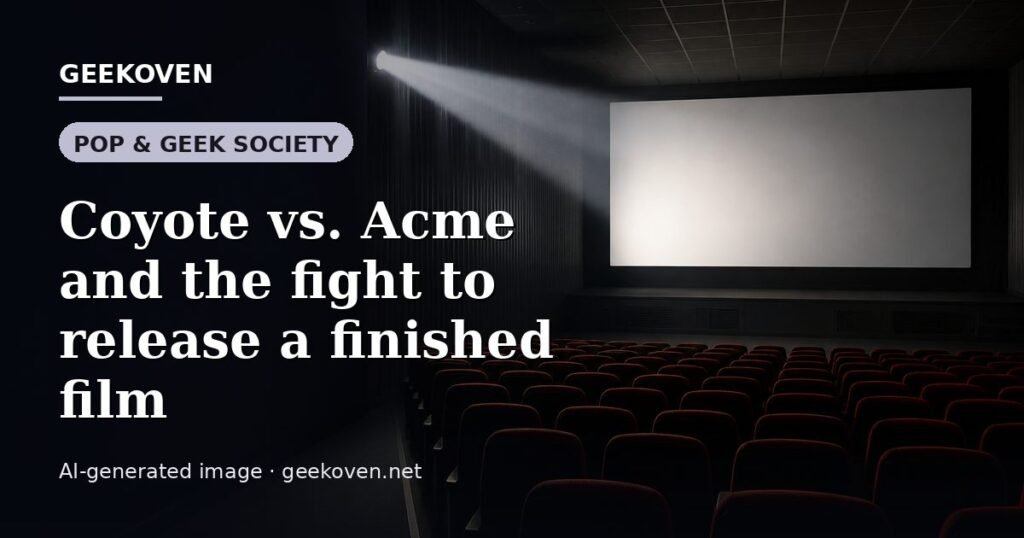 Illustration for the Pop & Geek Society article “Coyote vs. Acme and the fight to release a finished film”: an AI-generated editorial illustration showing a scene illustrating the subject of the article, with the headline set over it. Illustrative only, not a photograph of a real event.