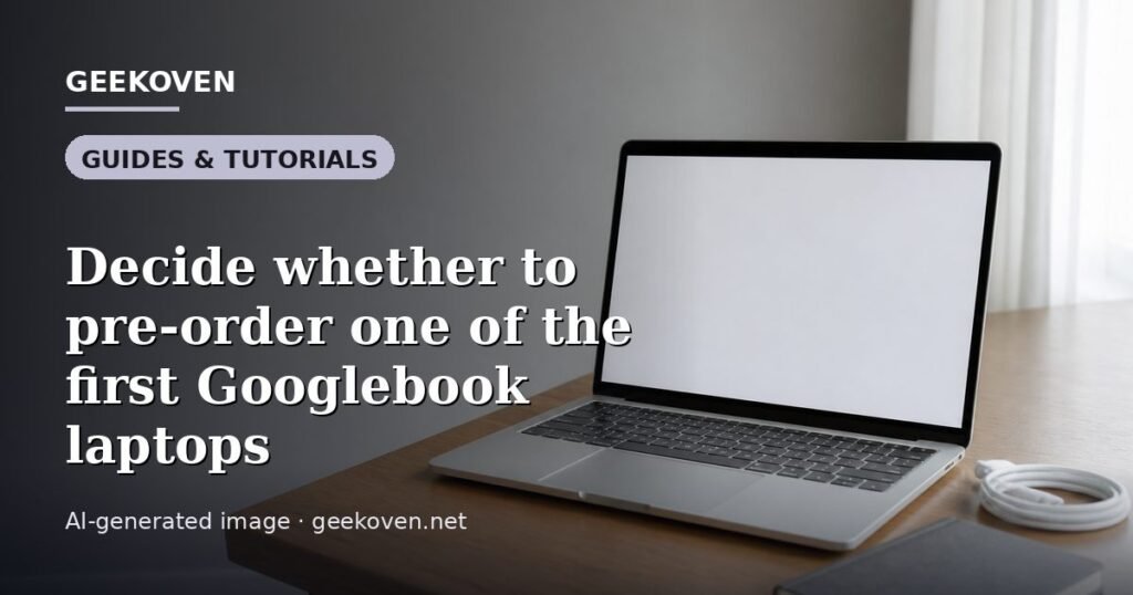 Illustration for the Guides & Tutorials article “Decide whether to pre-order one of the first Googlebook laptops”: an AI-generated editorial illustration showing a scene illustrating the subject of the article, with the headline set over it. Illustrative only, not a photograph of a real event.