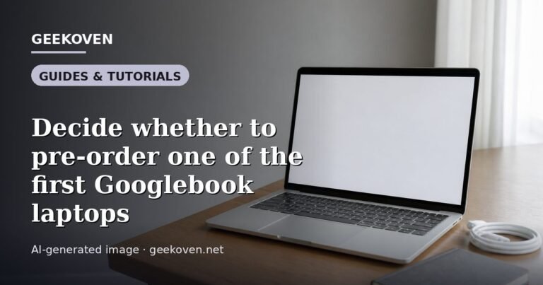 Illustration for the Guides & Tutorials article “Decide whether to pre-order one of the first Googlebook laptops”: an AI-generated editorial illustration showing a scene illustrating the subject of the article, with the headline set over it. Illustrative only, not a photograph of a real event.