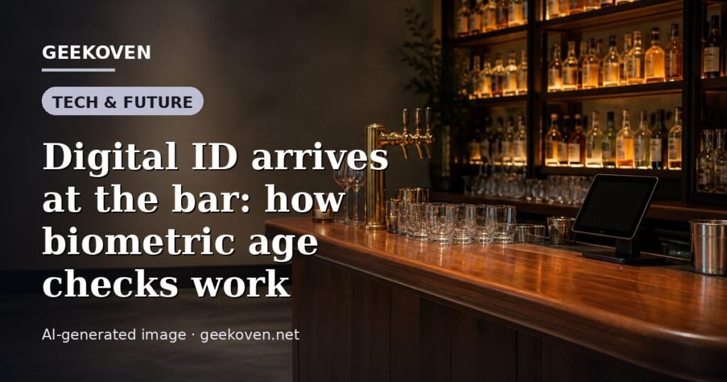 Illustration for the Tech & Future article “Digital ID arrives at the bar: how biometric age checks work”: an AI-generated editorial illustration showing a scene illustrating the subject of the article, with the headline set over it. Illustrative only, not a photograph of a real event.