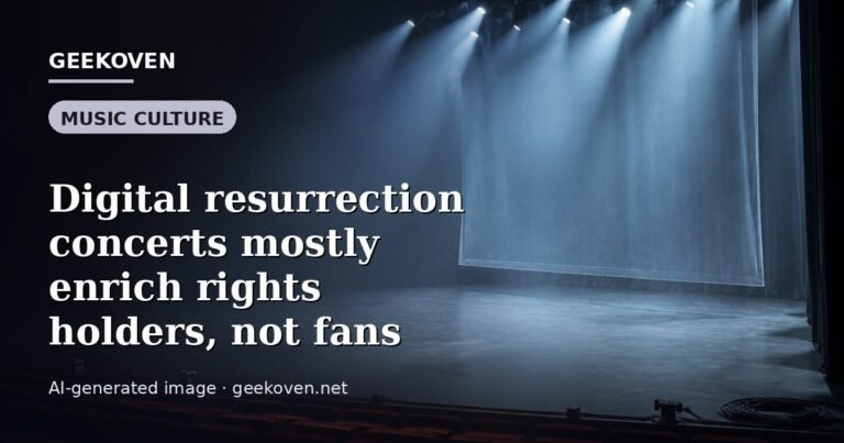 Illustration for the Music Culture article “Digital resurrection concerts mostly enrich rights holders, not fans”: an AI-generated editorial illustration showing a scene illustrating the subject of the article, with the headline set over it. Illustrative only, not a photograph of a real event.