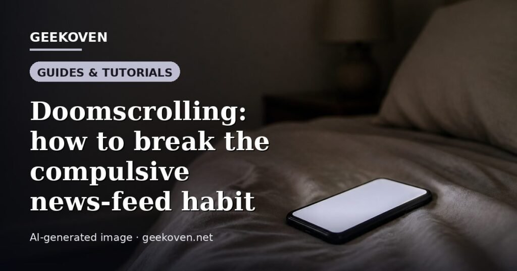 Illustration for the Guides & Tutorials article “Doomscrolling: how to break the compulsive news-feed habit”: an AI-generated editorial illustration showing a scene illustrating the subject of the article, with the headline set over it. Illustrative only, not a photograph of a real event.