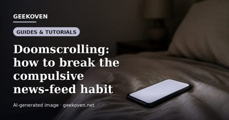 Illustration for the Guides & Tutorials article “Doomscrolling: how to break the compulsive news-feed habit”: an AI-generated editorial illustration showing a scene illustrating the subject of the article, with the headline set over it. Illustrative only, not a photograph of a real event.