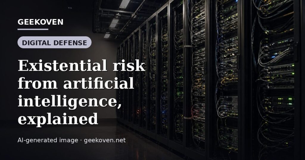 Illustration for the Digital Defense article “Existential risk from artificial intelligence, explained”: an AI-generated editorial illustration showing a scene illustrating the subject of the article, with the headline set over it. Illustrative only, not a photograph of a real event.