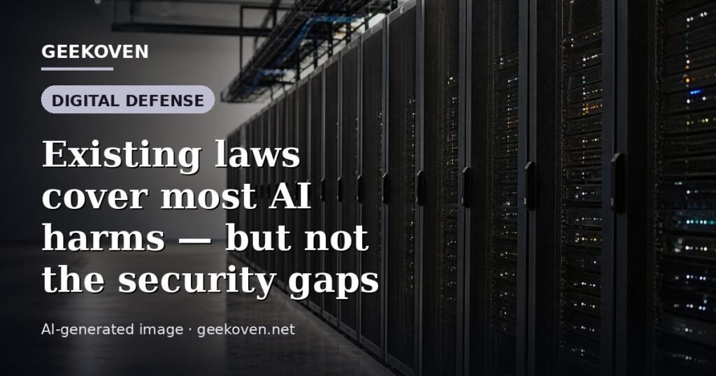 Illustration for the Digital Defense article “Existing laws cover most AI harms — but not the security gaps”: an AI-generated editorial illustration showing a scene illustrating the subject of the article, with the headline set over it. Illustrative only, not a photograph of a real event.