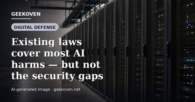 Illustration for the Digital Defense article “Existing laws cover most AI harms — but not the security gaps”: an AI-generated editorial illustration showing a scene illustrating the subject of the article, with the headline set over it. Illustrative only, not a photograph of a real event.