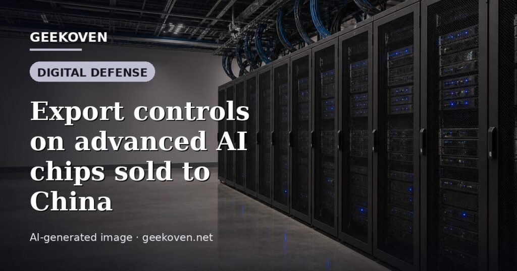 Illustration for the Digital Defense article “Export controls on advanced AI chips sold to China”: an AI-generated editorial illustration showing a scene illustrating the subject of the article, with the headline set over it. Illustrative only, not a photograph of a real event.