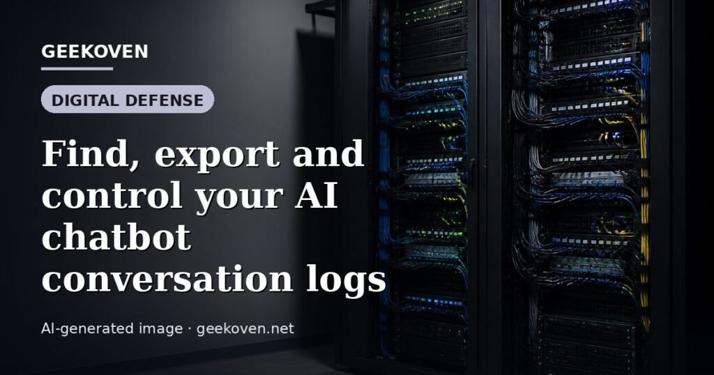 Illustration for the Digital Defense article “Find, export and control your AI chatbot conversation logs”: an AI-generated editorial illustration showing a scene illustrating the subject of the article, with the headline set over it. Illustrative only, not a photograph of a real event.