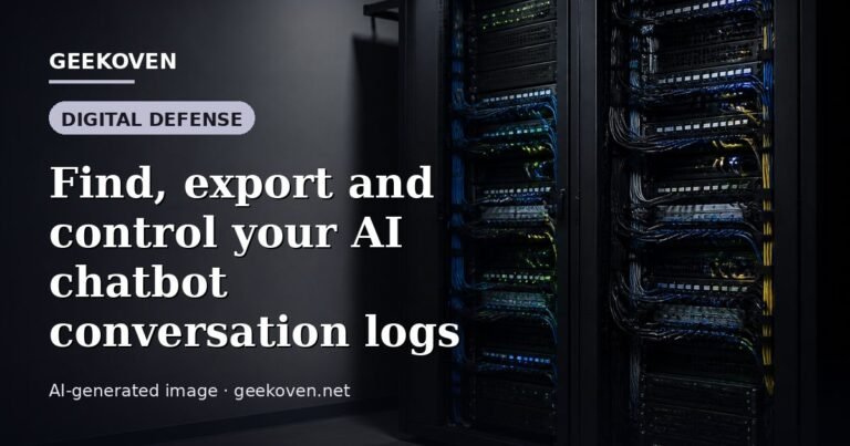 Illustration for the Digital Defense article “Find, export and control your AI chatbot conversation logs”: an AI-generated editorial illustration showing a scene illustrating the subject of the article, with the headline set over it. Illustrative only, not a photograph of a real event.