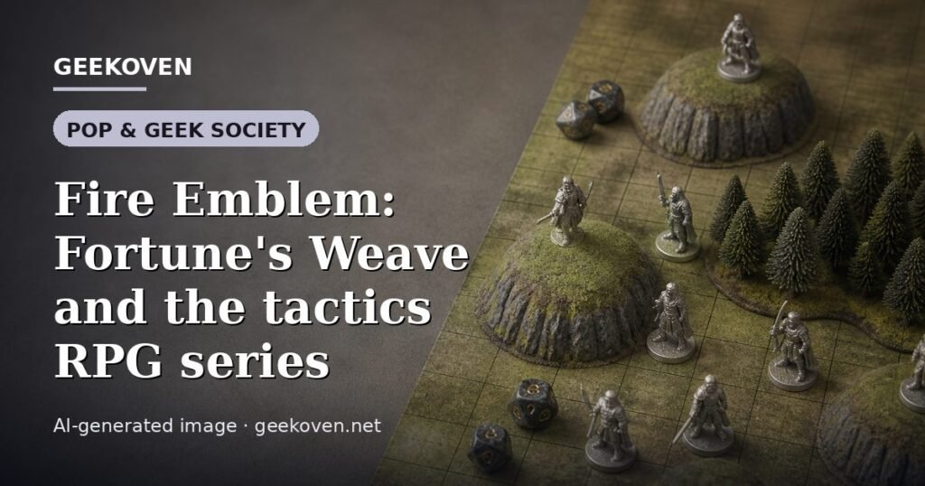 Illustration for the Pop & Geek Society article “Fire Emblem: Fortune's Weave and the tactics RPG series”: an AI-generated editorial illustration showing a studio workspace seen from above, with a production timeline across the wall, with the headline set over it. Illustrative only, not a photograph of a real event.