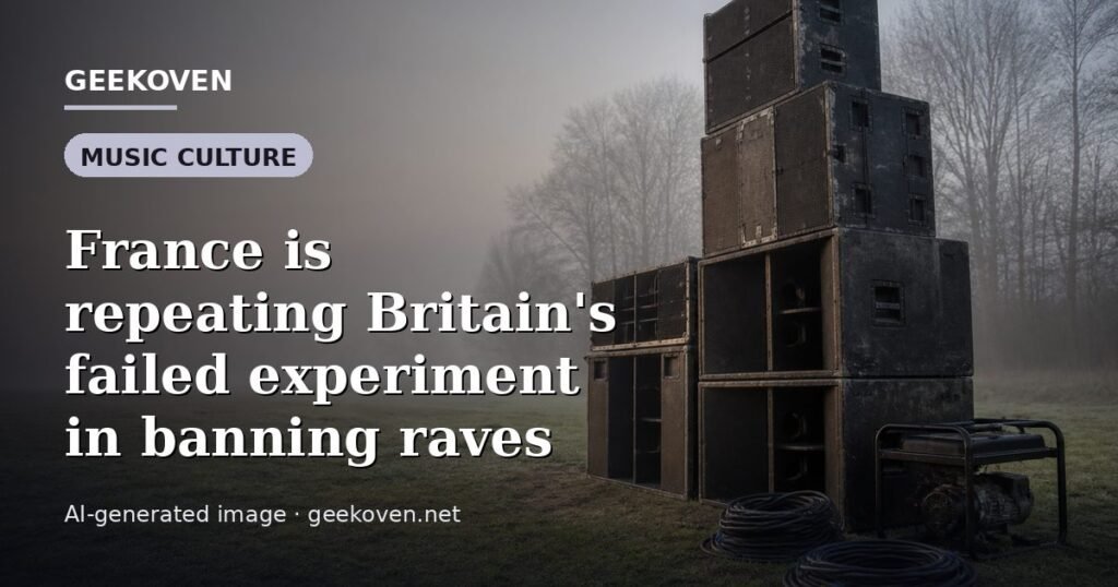 Illustration for the Music Culture article “France is repeating Britain's failed experiment in banning raves”: an AI-generated editorial illustration showing a scene illustrating the subject of the article, with the headline set over it. Illustrative only, not a photograph of a real event.