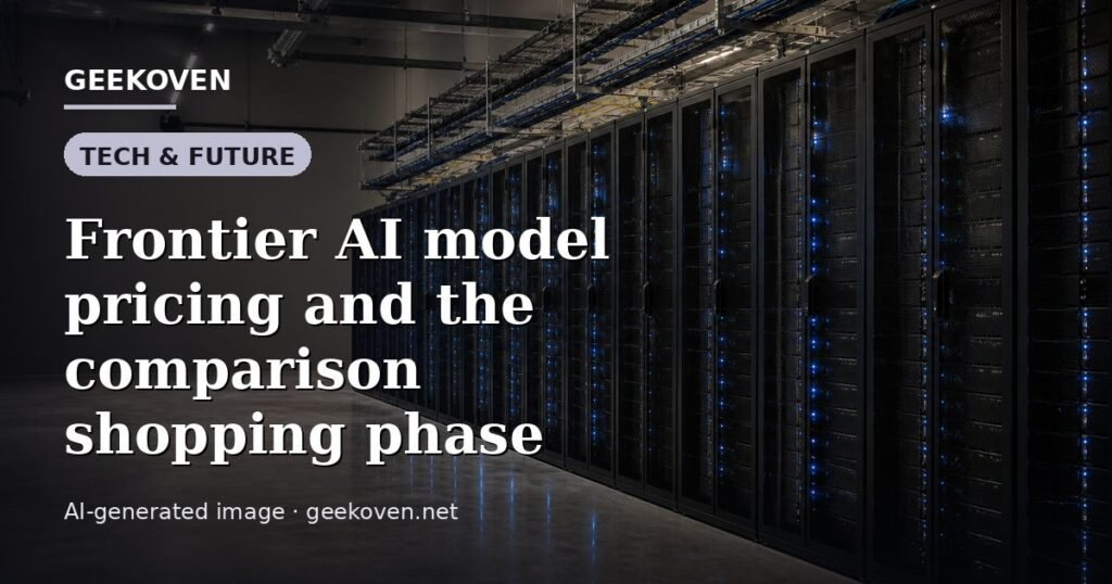 Illustration for the Tech & Future article “Frontier AI model pricing and the comparison shopping phase”: an AI-generated editorial illustration showing a scene illustrating the subject of the article, with the headline set over it. Illustrative only, not a photograph of a real event.