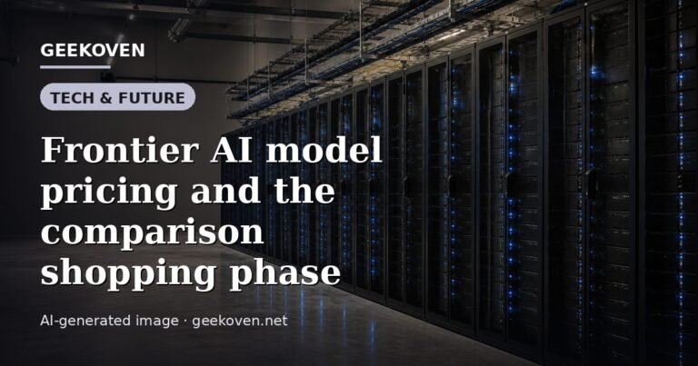 Illustration for the Tech & Future article “Frontier AI model pricing and the comparison shopping phase”: an AI-generated editorial illustration showing a scene illustrating the subject of the article, with the headline set over it. Illustrative only, not a photograph of a real event.