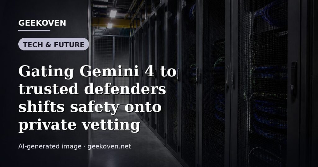 Illustration for the Tech & Future article “Gating Gemini 4 to trusted defenders shifts safety onto private vetting”: an AI-generated editorial illustration showing a scene illustrating the subject of the article, with the headline set over it. Illustrative only, not a photograph of a real event.