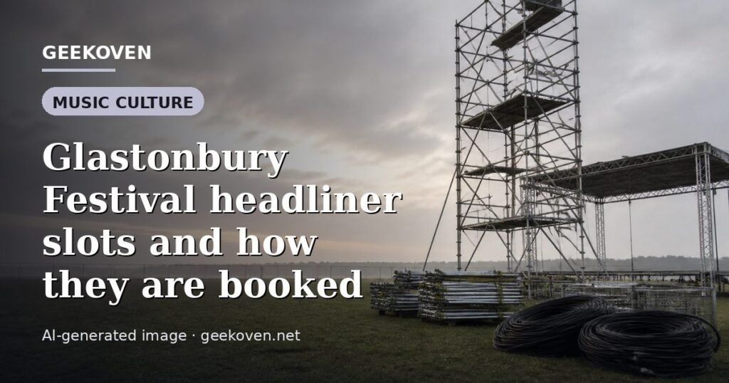 Illustration for the Music Culture article “Glastonbury Festival headliner slots and how they are booked”: an AI-generated editorial illustration showing a scene illustrating the subject of the article, with the headline set over it. Illustrative only, not a photograph of a real event.